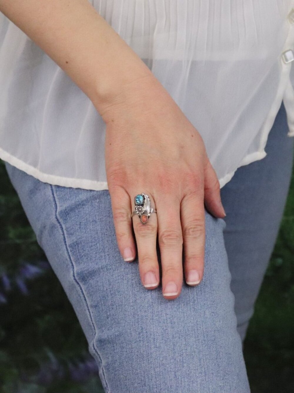 Sterling Silver Natural Turquoise & Coral Ring Size 7 3/4 - Picture 3 of 7
